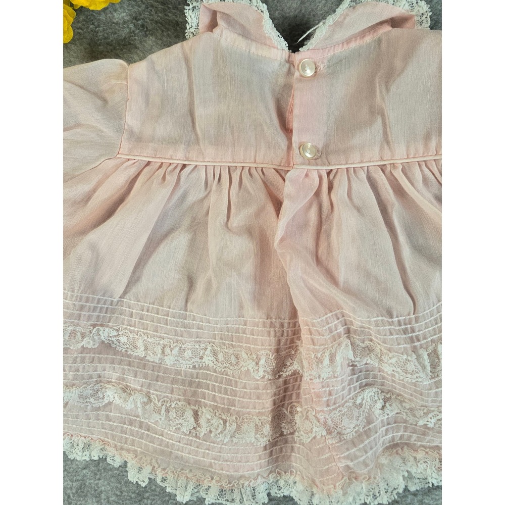 Vintage Nannette Pink Sheer Lace Pintuck Baby Dress Made in USA 1960s 0-6m - Picture 9 of 11